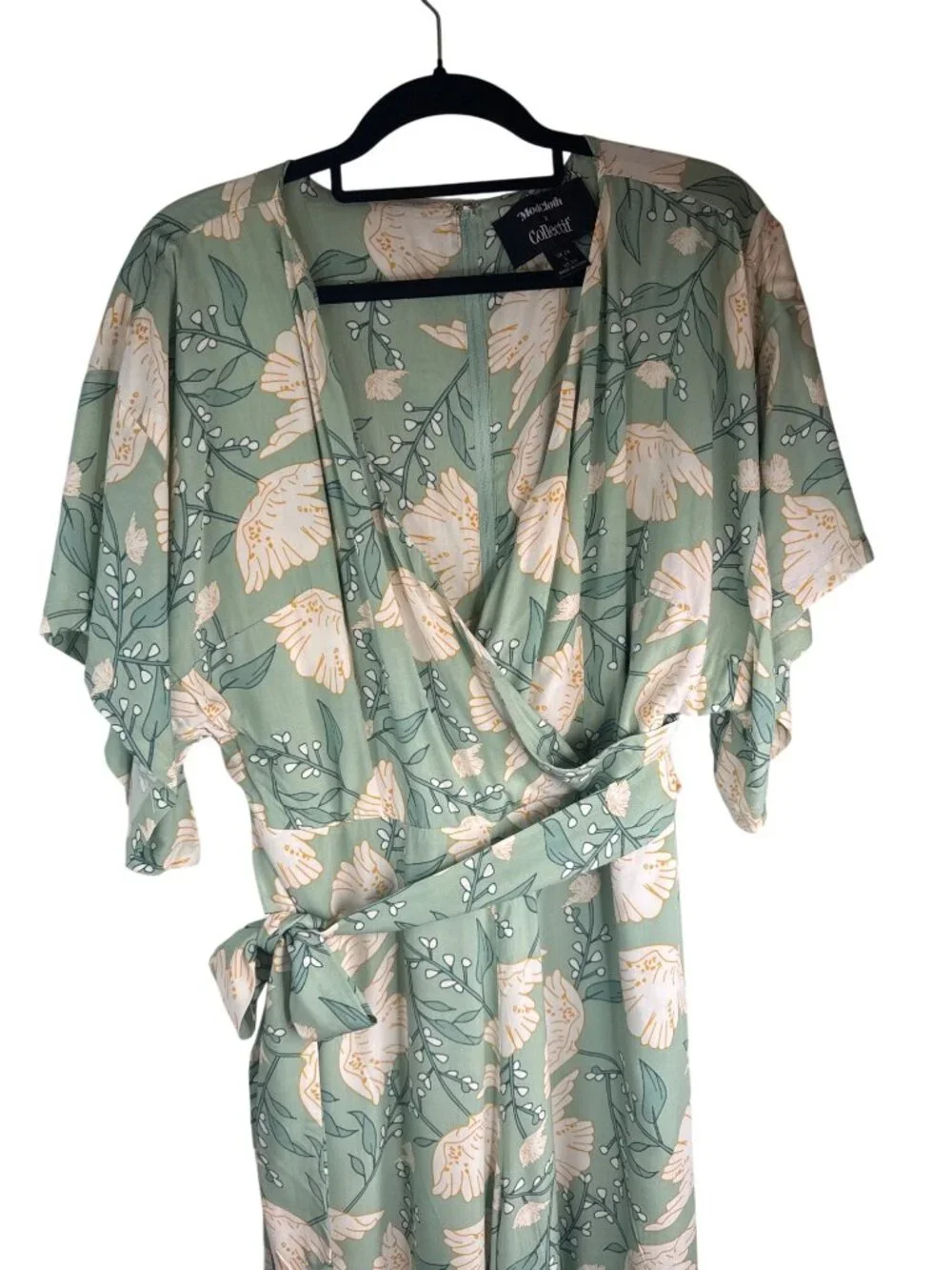 Modcloth X Collectif Size 10 Sage Green Floral Wrap Wide Leg Jumpsuit With Belt - Picture 10 of 10